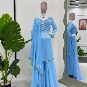 Blue Attractive Real Mirror And Sequence Work Georgette Plazo Suits
