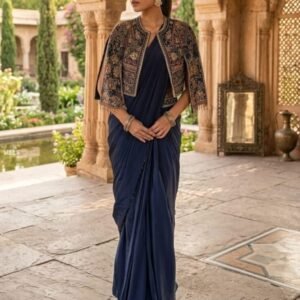 Blue Chinnon Silk Ready To Wear Saree With Jacket