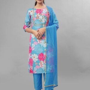 Blue Color Floral Printed Fancy Kurti Pant With Dupatta