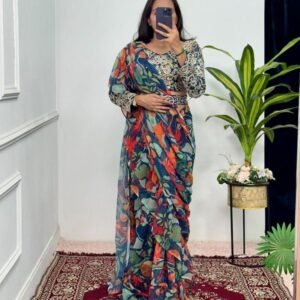 Blue Digital Printed Ready To Wear Georgette Ruffle Saree
