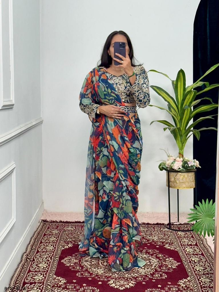 blue digital printed ready to 1721015721 Blue Digital Printed Ready To Wear Georgette Ruffle Saree
