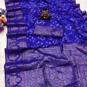 Blue Fancy Anandi Pure Handmade Bandhej Kanjivaram Silk Saree