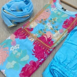 Blue Fancy Flower Printed Pure Rayon Kurti