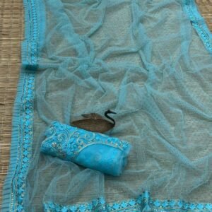 Blue Fancy Party Wear Net Saree with Embroidery Work