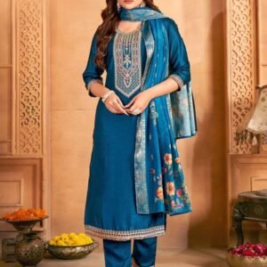 Blue Festival Wear Women Heavy Embroidery Work Vichitra Silk Kurtis Pair
