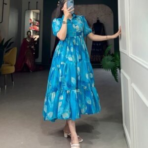 Blue Floral Printed Chiffon Western Frock