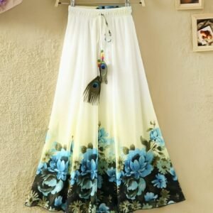 Blue Flower Digital Print Silk Ladies Skirt and Fancy Dori