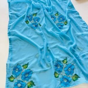 Blue Flower Heavy Handwork Soft Georgette Saree