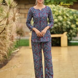 Blue Flower Printed Cotton Top And Pant Co ord Set