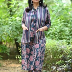 Blue Flower Printed Pure Cotton Kurtis With Stipe Printed Koti