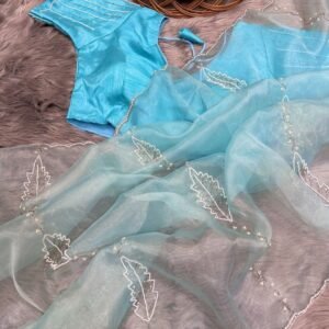 Blue Hand Work Pink Pure Soft Organza Silk Saree
