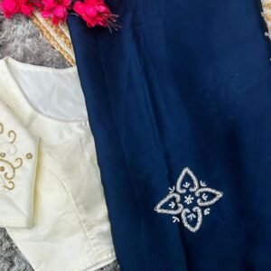 Blue Handcrafted Malai Silk Saree With Handwork Stitched Blouse