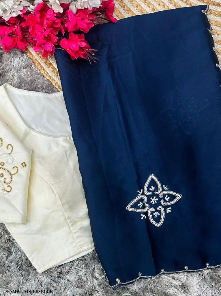 blue handcrafted malai silk sa 1716369393 Blue Handcrafted Malai Silk Saree With Handwork Stitched Blouse