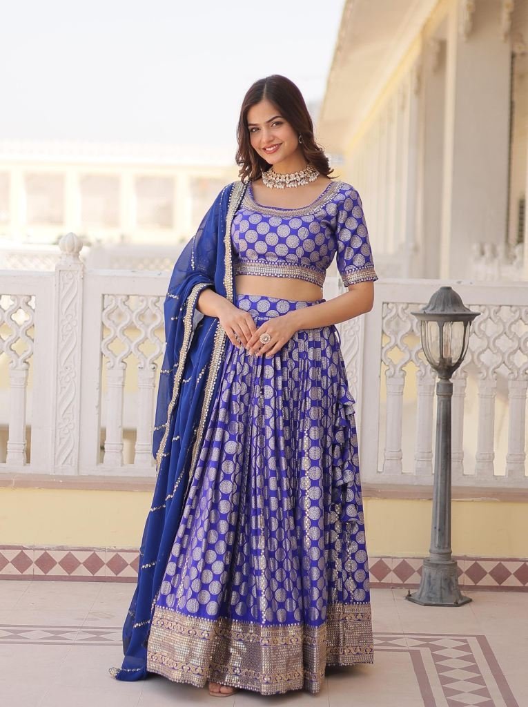 blue high grade pure viscose j 1728388011 Blue High Grade Pure Viscose Jacquard Lehenga Choli