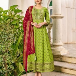 Blue Hill Brand Green Embroidery Work And Printed Rayon Kurtis Dupatta Set