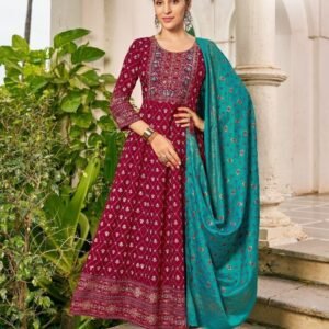 Blue Hill Brand Maroon Embroidery Work And Printed Rayon Kurtis Dupatta Set