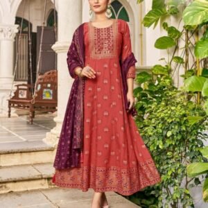 Blue Hill Brand Orange Embroidery Work And Printed Rayon Kurtis Dupatta Set