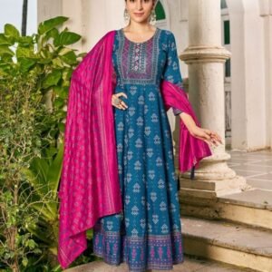 Blue Hill Brand Rama Embroidery Work And Printed Rayon Kurtis Dupatta Set