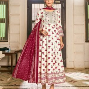 Blue Hill Brand White Embroidery Work And Printed Rayon Kurtis Dupatta Set