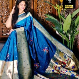 Blue Kanjivaram Silk Paithani Saree With Gold Foil Border