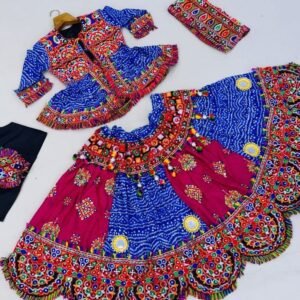 Blue Navratri Traditional 4PC Kids Lehenga Set With Kedia And Cap