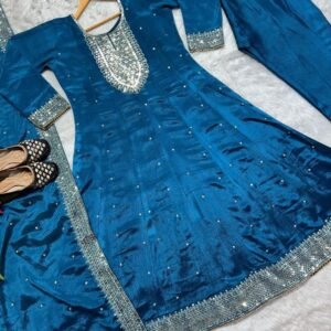 Blue Party Wear Chinon Silk Readymade Gown