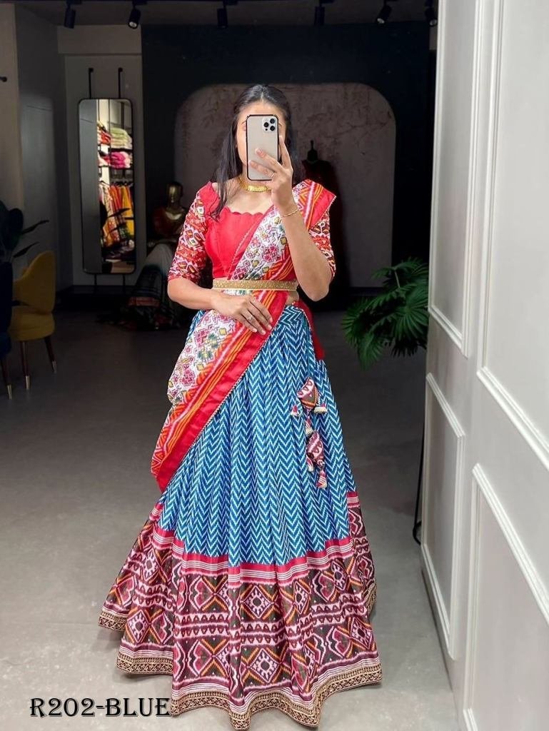 blue patola digital printed mu 1722256454 Blue Patola Digital Printed Muslin Cotton Lehenga Choli