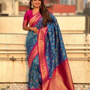 Blue patola Silk Saree With Meenakari Ikkat Patterns