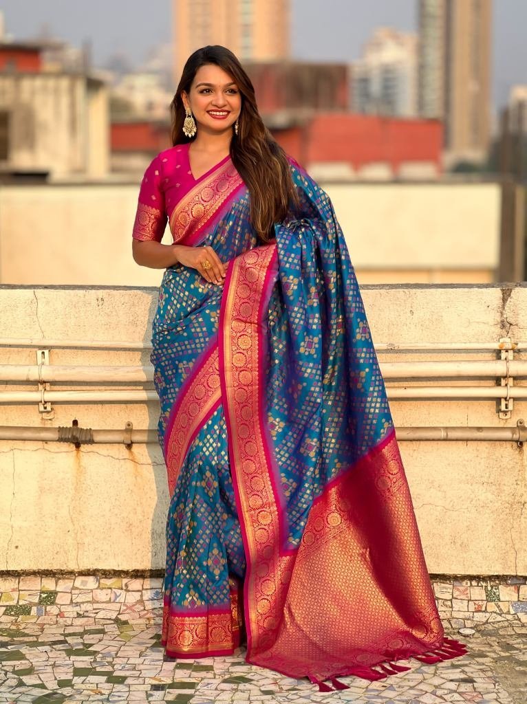 blue patola silk saree with me 1748863353 Blue patola Silk Saree With Meenakari Ikkat Patterns