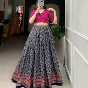 Blue Patola With Foil Print Cotton Lehenga Co ord Set