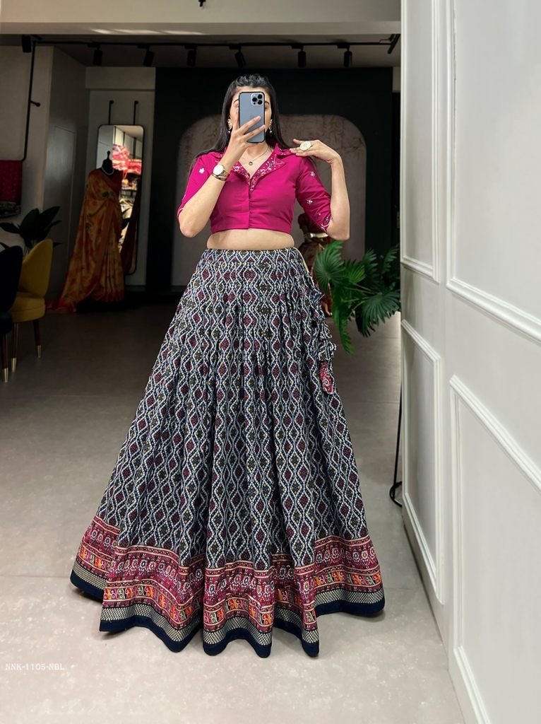 blue patola with foil print co 1712657713 Blue Patola With Foil Print Cotton Lehenga Co ord Set