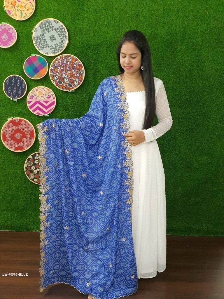 blue readymade georgette butti 1714643232 Blue Readymade Georgette Butti Gown With Dupatta