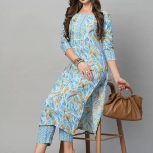 Blue Regular Wear Printed Soft Cotton Kurtis With Pant
