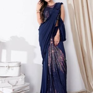 Blue Sequence Ready to Wear Saree with Broch and Frill Border