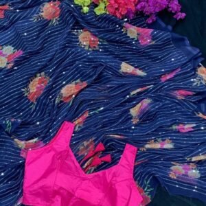 Blue Sequence Work And Flower Printed Georgette Saree