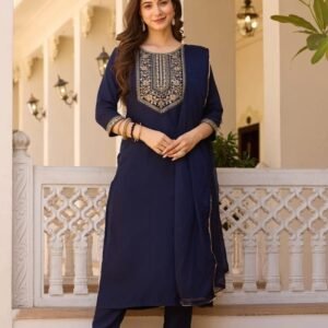 Blue Soft Rayon Embroidery Kurti With Matching Pant And Dupatta