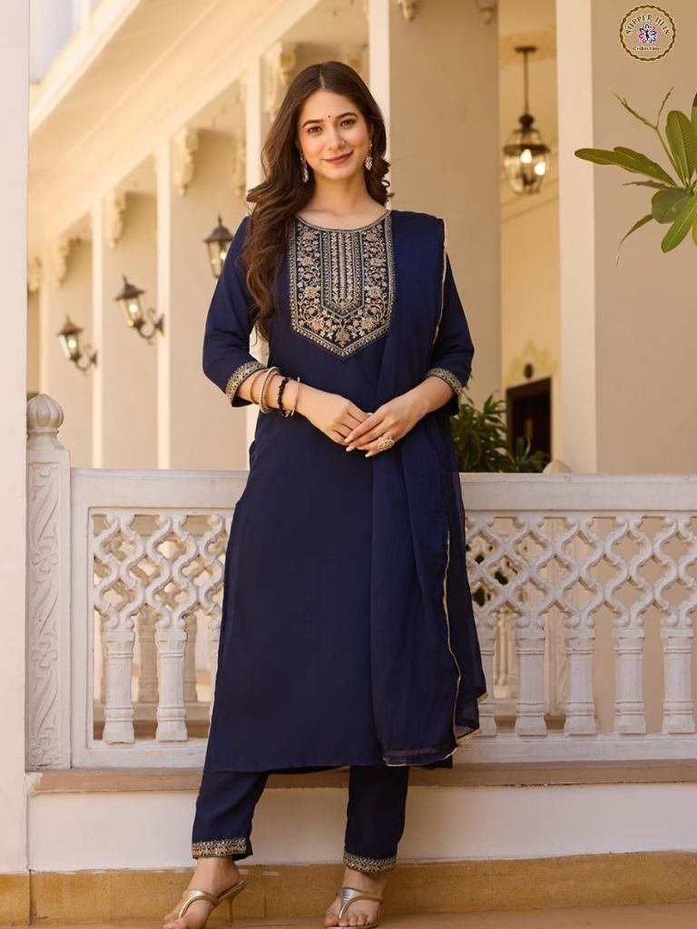 blue soft rayon embroidery kur 1748861206 Blue Soft Rayon Embroidery Kurti With Matching Pant And Dupatta