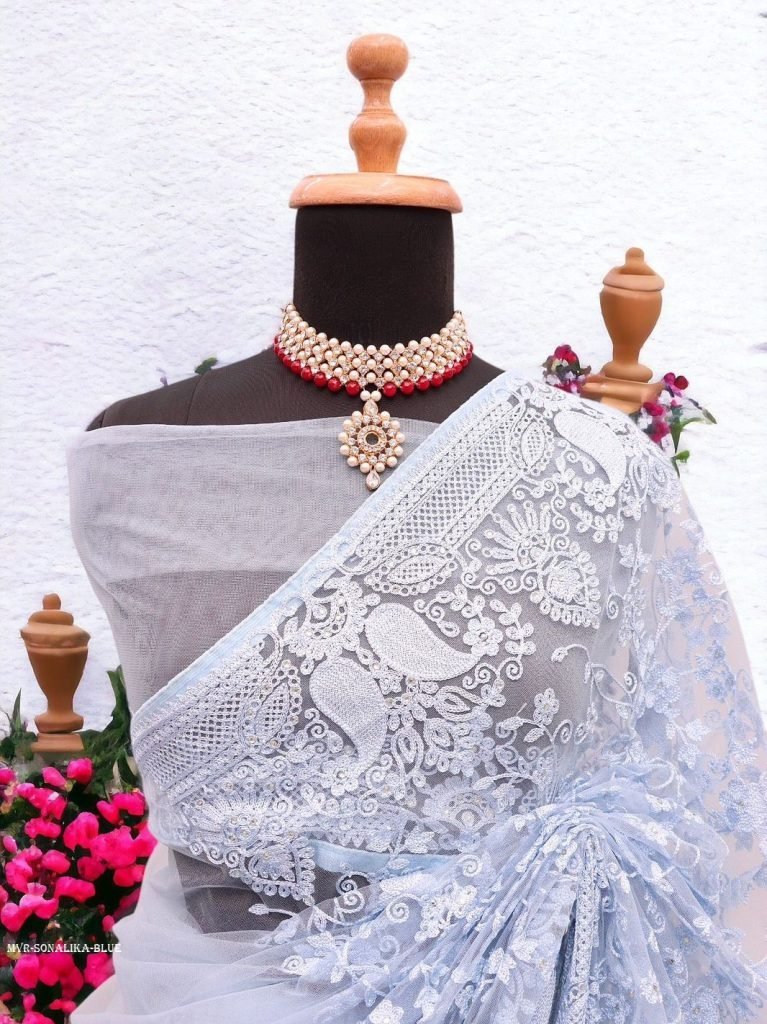 blue sonalika embroidered pure 1715246088 Blue Sonalika Embroidered Pure Soft Net Saree