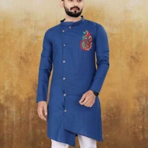 Blue Stylish Embroidery Work Cotton Slub Men Kurta