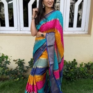 Blue Stylish Printed Leheriya Bandhej Saree