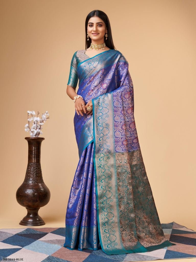 blue varni silver zari weaving 1716977712 Blue Varni Silver Zari Weaving Lichi Silk Saree