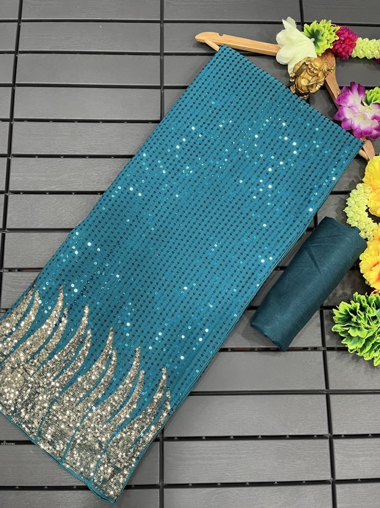 bollywood blockbuster 60 gram 1717763921 Bollywood BlockBuster 60 gram Georgette Rama Blue Sequence Saree