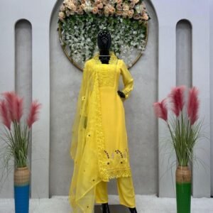 Latest Muslin Yellow Kurti Pant With Dupatta