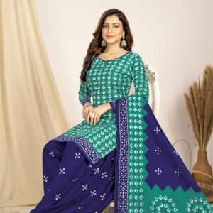 Bottle Green And Blue Pure Cotton Readymade Printed Patiala Suits