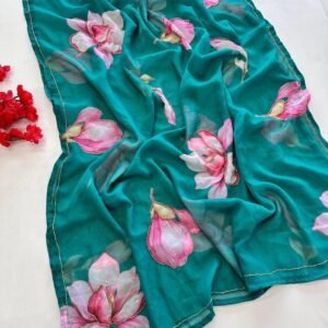 Bottle Green Flower Printed And Handwork Soft Georgette Saree With Silk Blouse