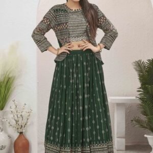 Bottle Green Georgette Readymade Lehenga With Jacket