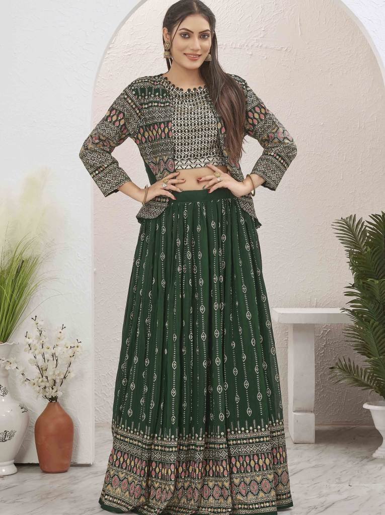 bottle green georgette readyma 1713875326 Bottle Green Georgette Readymade Lehenga With Jacket