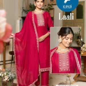 Branded Laali Pink Straight Cut Vichitra Silk Three Piece Kurti Set