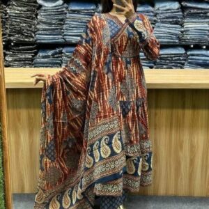 Brown Angarkha Style Printed Cotton Anarkali Kurti Set