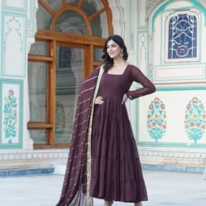 Brown Attractive Full Sleeve Designer Faux Georgette Gown